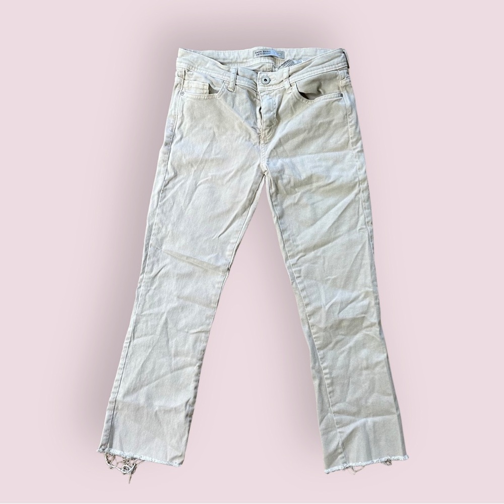Zara Khaki Mid Rise Ankle Flare Jeans with Raw Hem (Size 4)